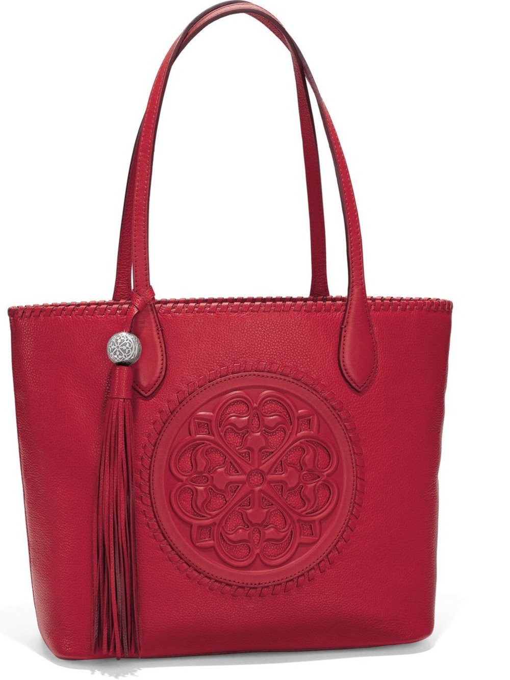 GABRIELLA MEDALLION TOTE Red Embossed Leather Tote Bag with Tassel